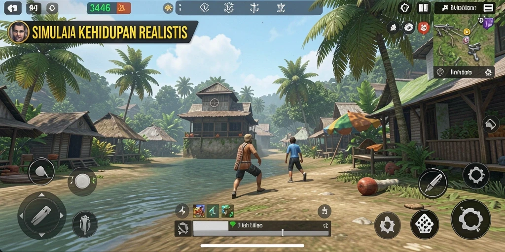 Screenshot gameplay <strong>3446</strong> menampilkan karakter dalam berbagai aktivitas harian.