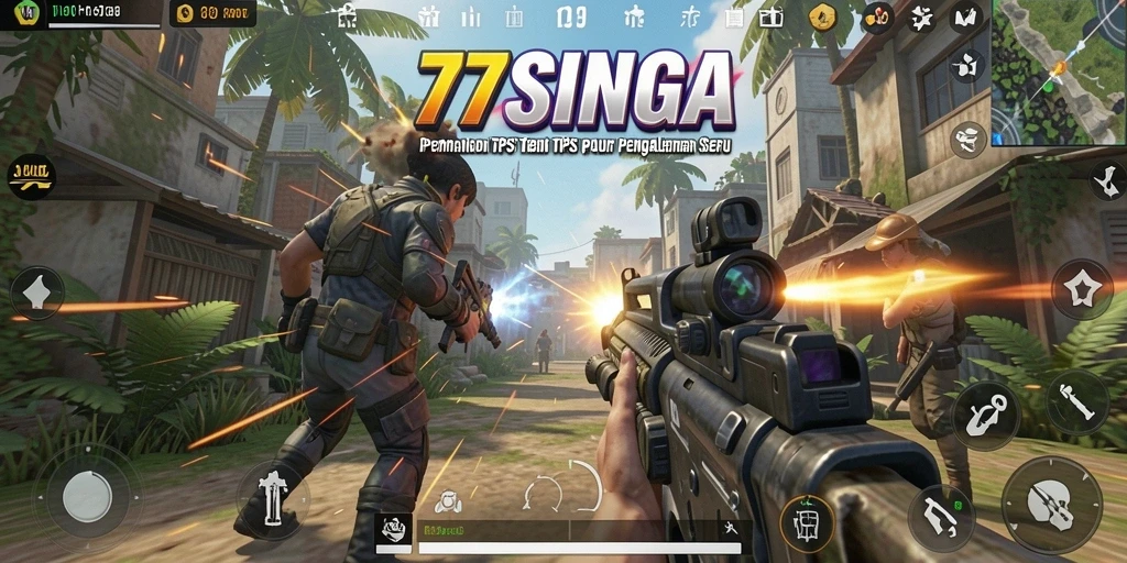 Screenshot utama 77SINGA menampilkan aksi seru dalam game TPS.