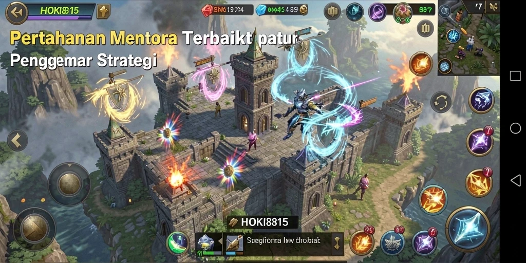 Gameplay HOKI8815 menampilkan pertahanan menara yang mendebarkan dan seru di setiap arena pertahanan.
