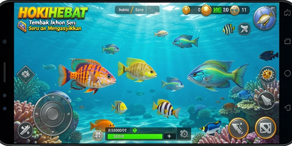 Gameplay seru HOKIHEBAT dengan berbagai ikan berwarna-warni.