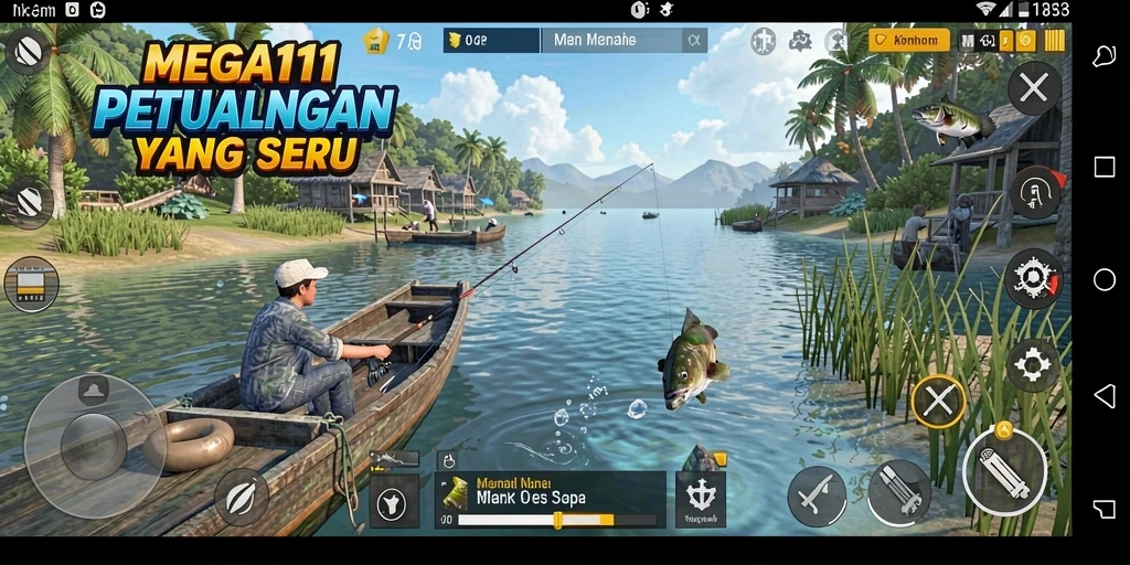 Screenshot gameplay utama MEGA111 menampilkan suasana memancing yang mendebarkan.