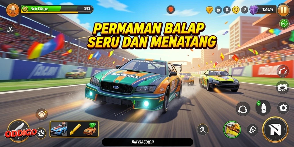 Gameplay ODDIGO dengan trek balap yang menantang dan mobil yang bertenaga.