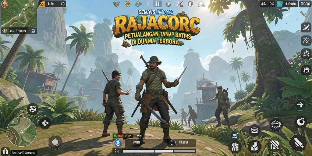 Tangkapan layar gameplay RAJACORC menunjukkan petualangan menakjubkan di dunia terbuka.