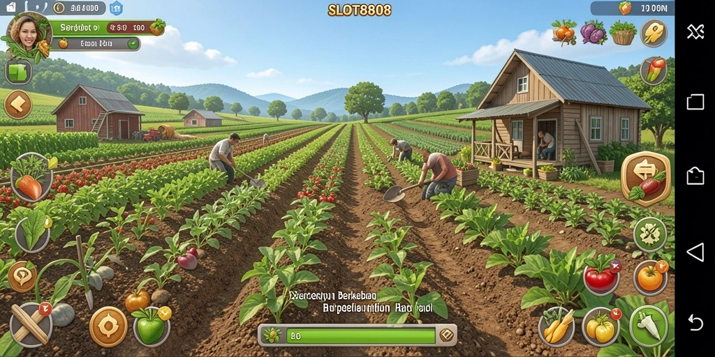 Tampilan gameplay <strong>SLOT8808</strong> dengan kebun yang indah dan hewan ternak.