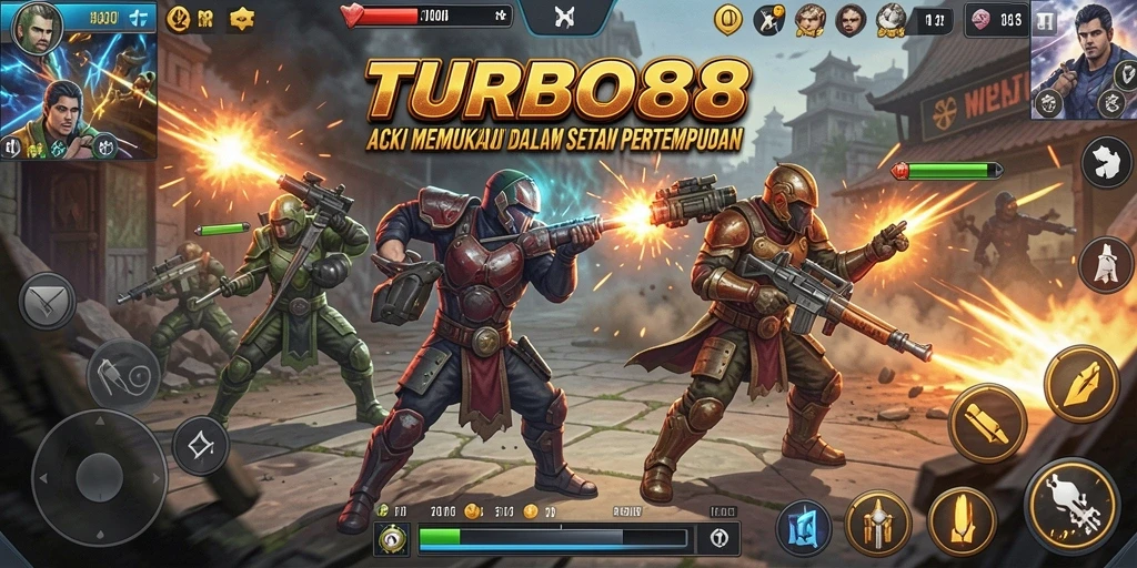 Tangkapan layar gameplay TURBO88 yang menampilkan aksi pertempuran seru dan dinamis.